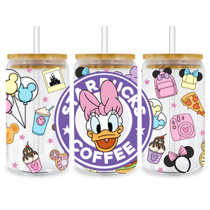 UV DTF 16 Oz Libbey Glass Cup Wrap -  Disney Mickey Mouse Daisy Duck Starbucks