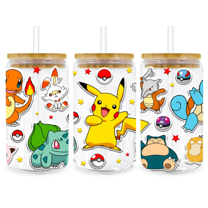 UV DTF 16 Oz Libbey Glass Cup Wrap - Pokemon Pikachu Charmander Squirtle Bulbasaur