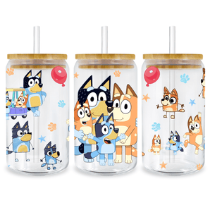 UV DTF 16 Oz Libbey Glass Cup Wrap -  Bluey Family