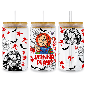 UV DTF 16 Oz Libbey Glass Cup Wrap -  Chucky Wanna Play Horror Movie